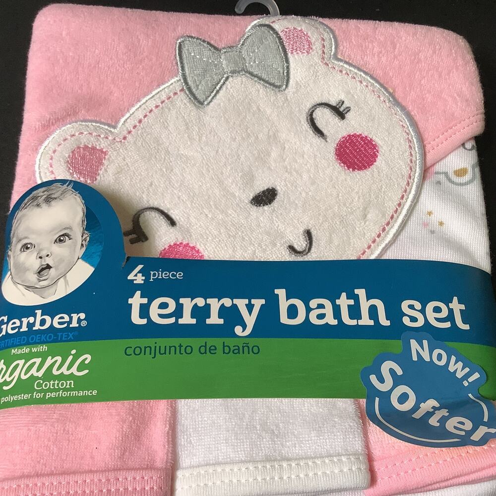 Organic Cotton Gerber 4 Pc Terry Bath Set - Hooded Towel & 3 Washcloths - NWT